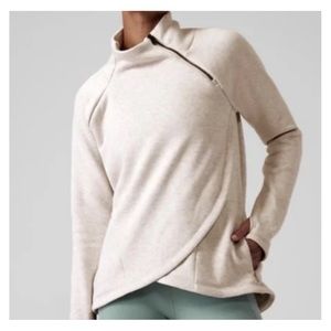 Athleta Cozy Karma Asymmetric Fleece Mock Neck Funnel Pullover Oatmeal Heather